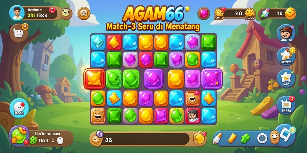 Tangkapan layar gameplay AGAM66 menunjukkan keseruan permainan Match-3 yang penuh warna.