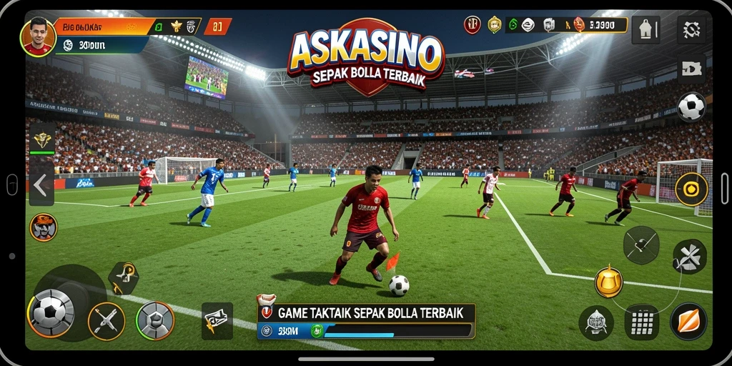 Tangkapan layar gameplay ASKASINO menampilkan aksi seru sepak bola.