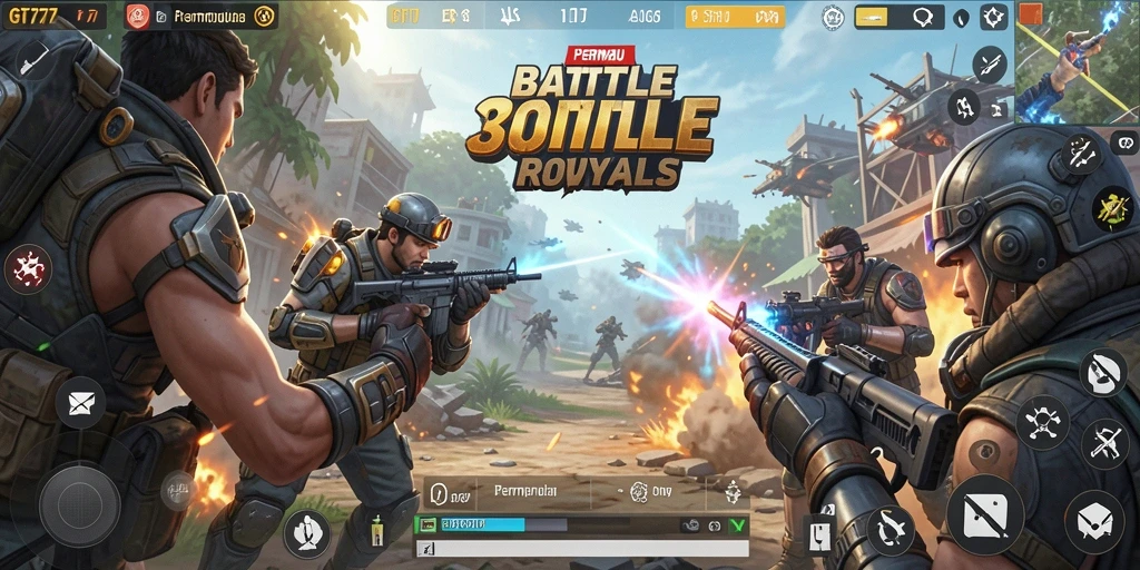 Screenshot gameplay GT777 menampilkan aksi mendebarkan dalam pertempuran Battle Royale.