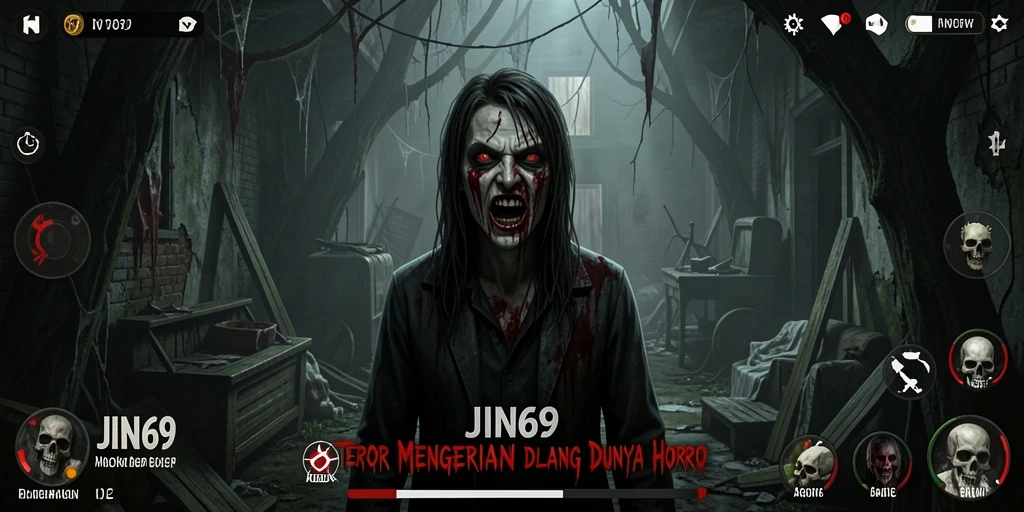 Gameplay JIN69 menunjukkan suasana horror yang mencekam.