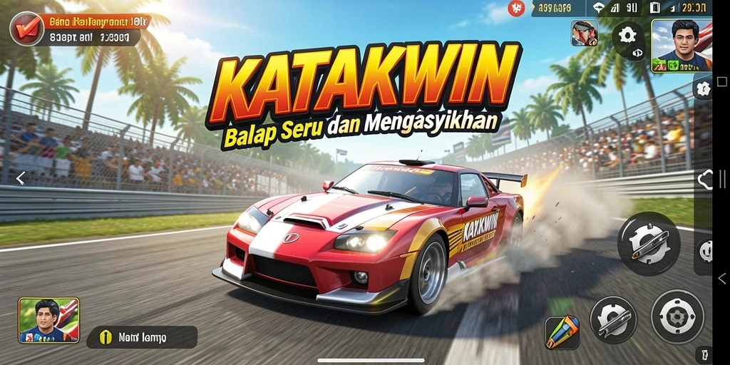 Screenshot gameplay KATAKWIN menampilkan aksi balapan yang mendebarkan.