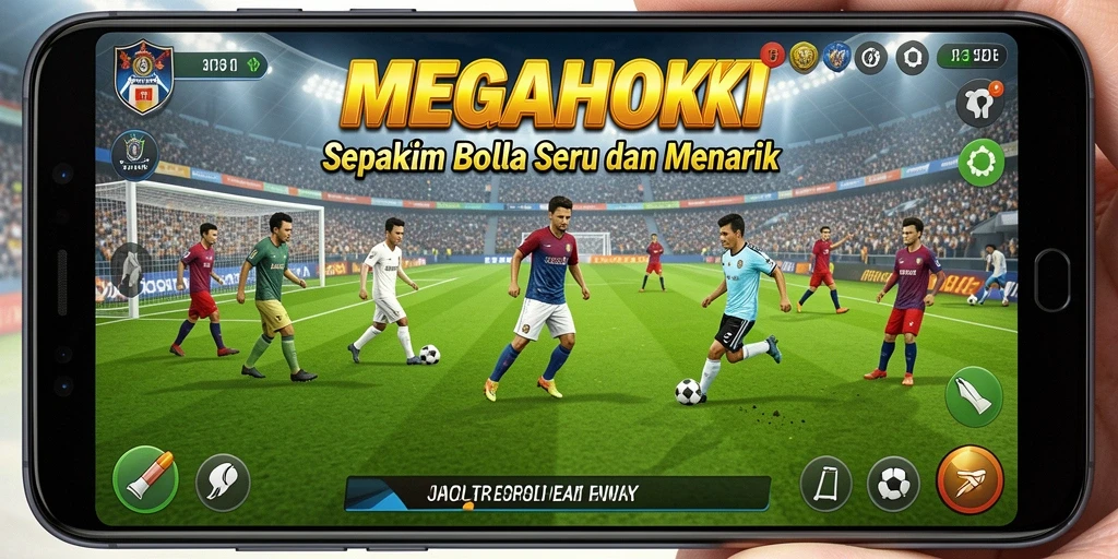 Menampilkan aksi seru dalam permainan MEGAHOKI yang penuh strategi sepak bola.