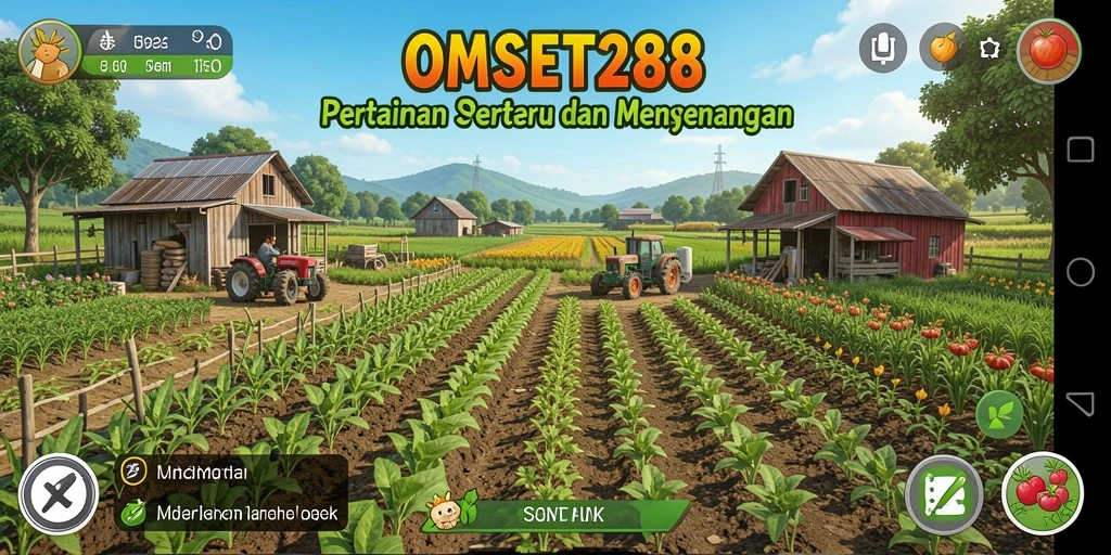 Tampilan gameplay OMSET288 dengan petani mengelola lahan pertanian.