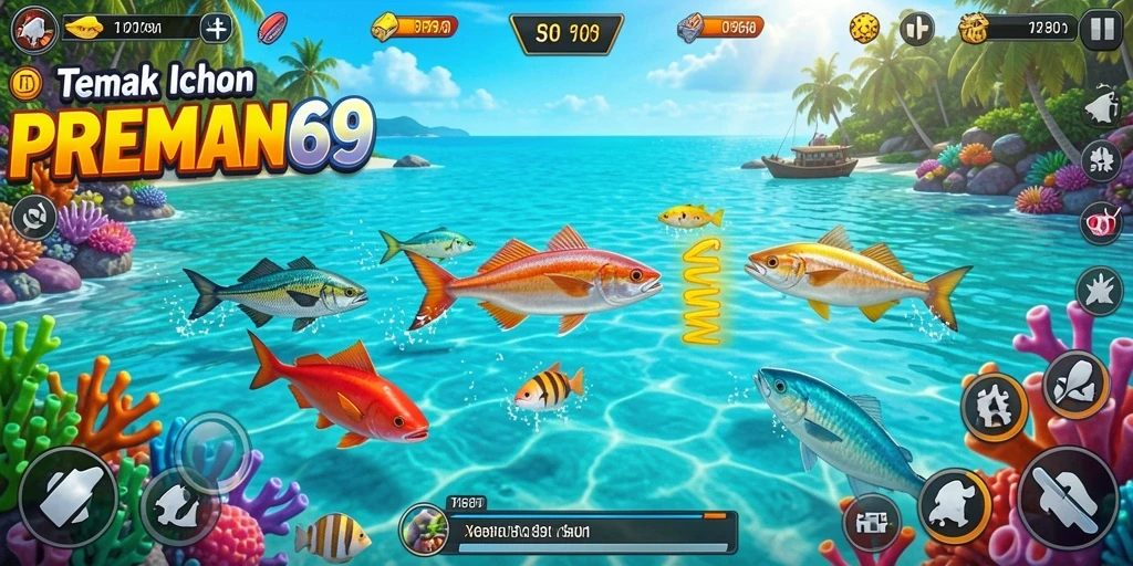 Gameplay seru dalam PREMAN69 saat berburu ikan.