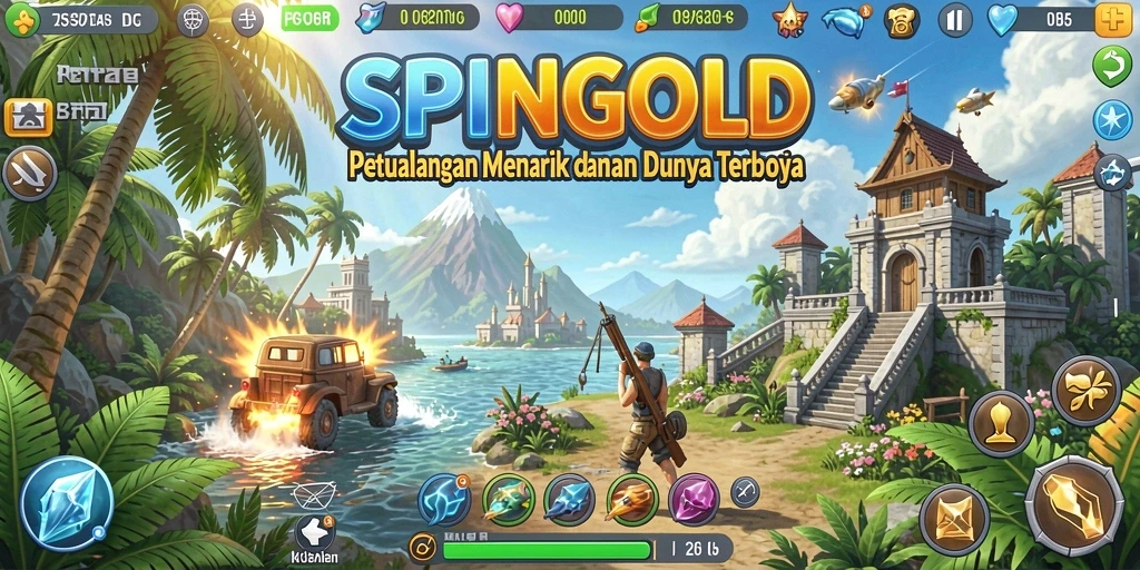 Tampilan gameplay SPINGOLD yang menampilkan kebebasan eksplorasi dunia terbuka.